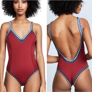 KIINI Burgundy One-Piece with Blue and Yellow Trim